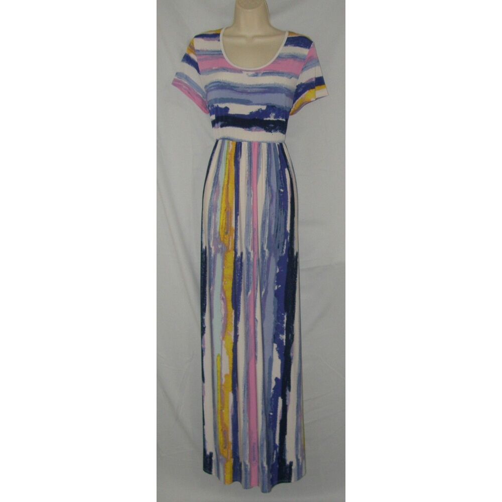 Watercolor Striped Sz Medium Stretchy Jersey Knit Full Length Dress Pockets EGY